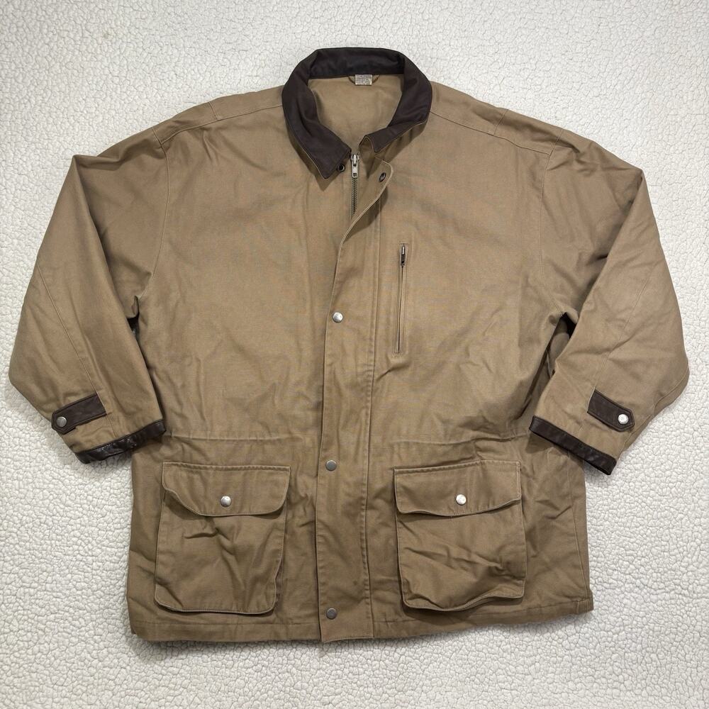 VTG Chore Barn Jacket Coat Mens XL Leather Collar Canvas‎ Tan Pocket Gilrichco